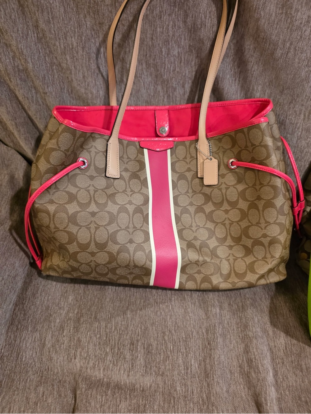 Coach Brown Signature Tote with Pink Stripe